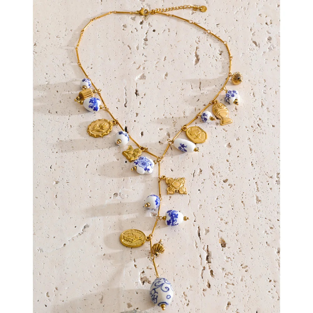 Bloom & Heart — Stainless Steel Ceramic Flower & Heart Drop Long Necklace