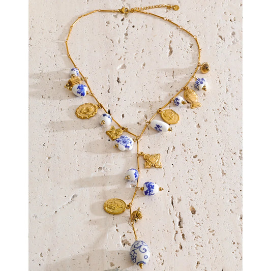 Bloom & Heart — Stainless Steel Ceramic Flower & Heart Drop Long Necklace