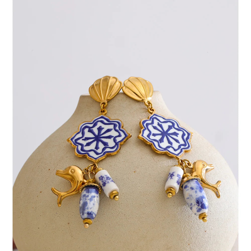 Ocean Drop — Stainless Steel Blue Enamel Shell & Dolphin Charm Earrings