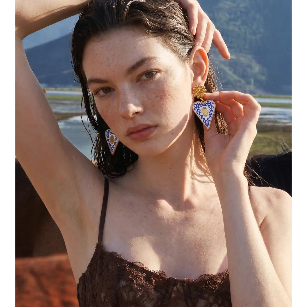 Blue Heart Drop — Stainless Steel Blue Enamel Heart Drop Earrings