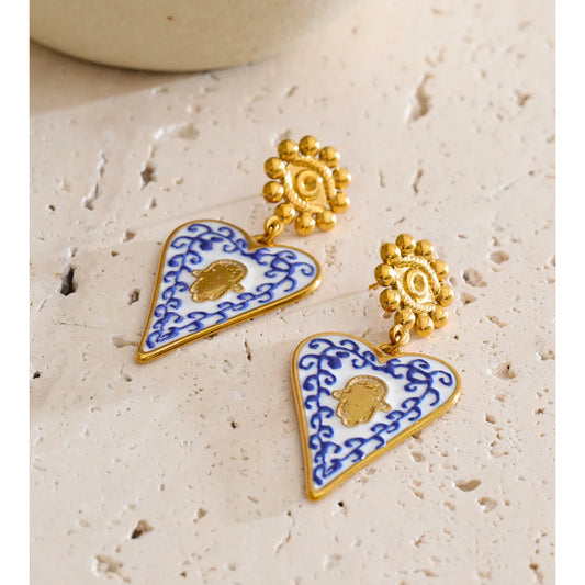 Blue Heart Drop — Stainless Steel Blue Enamel Heart Drop Earrings