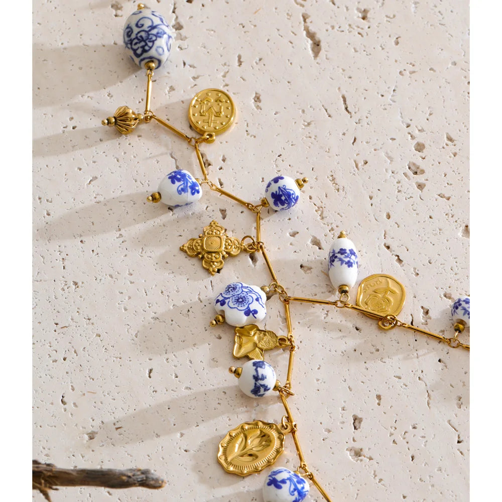 Bloom & Heart — Stainless Steel Ceramic Flower & Heart Drop Long Necklace