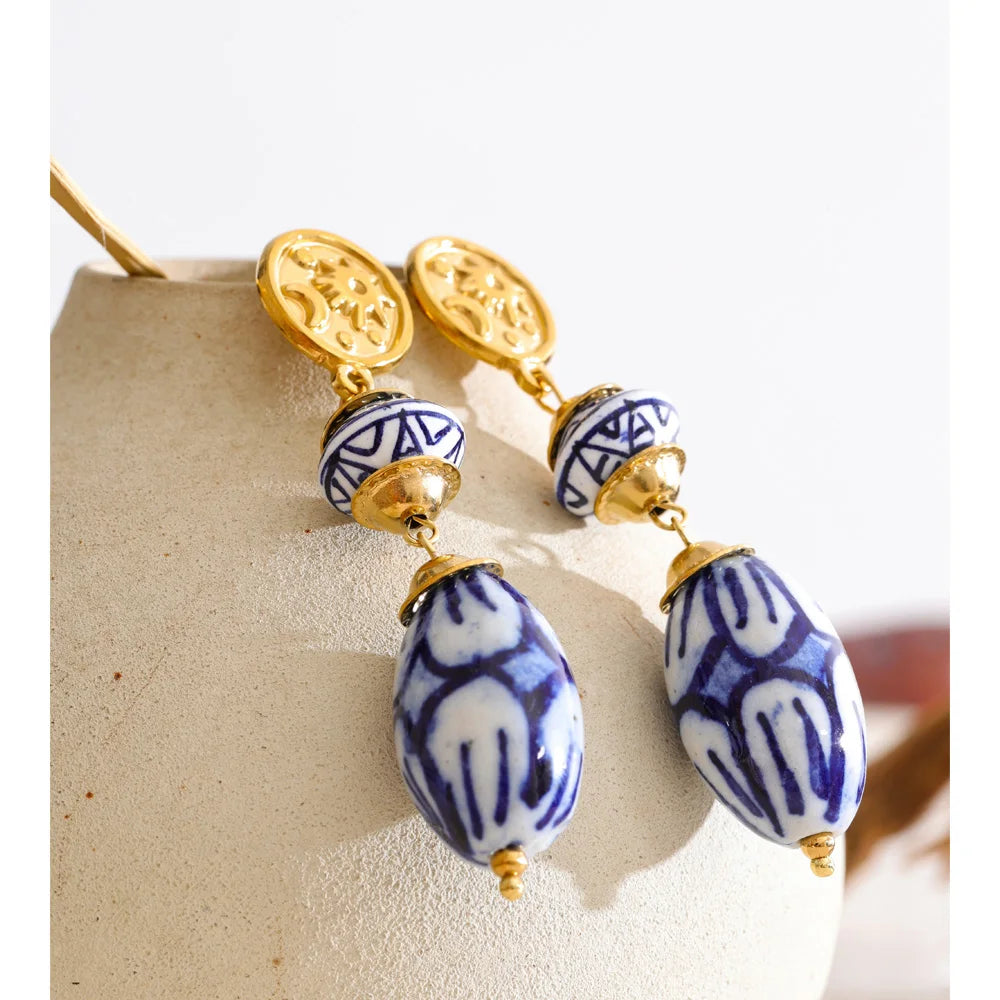 Azure Vintage — Stainless Steel Blue Ceramic Drop Earrings