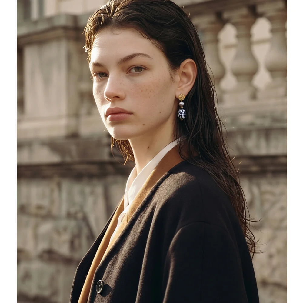 Azure Vintage — Stainless Steel Blue Ceramic Drop Earrings