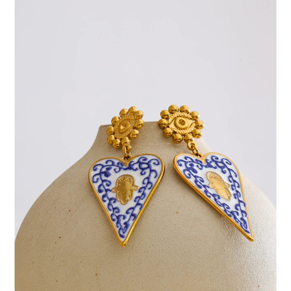 Blue Heart Drop — Stainless Steel Blue Enamel Heart Drop Earrings