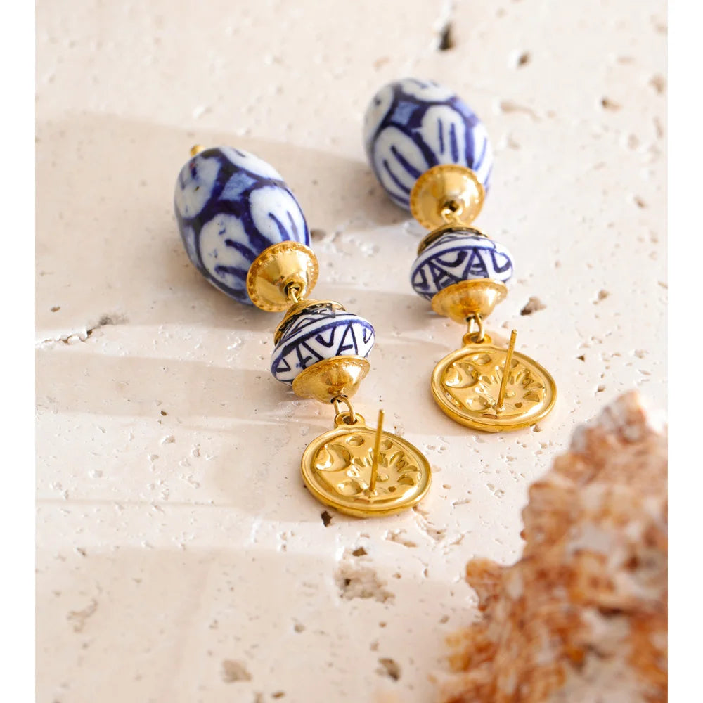 Azure Vintage — Stainless Steel Blue Ceramic Drop Earrings