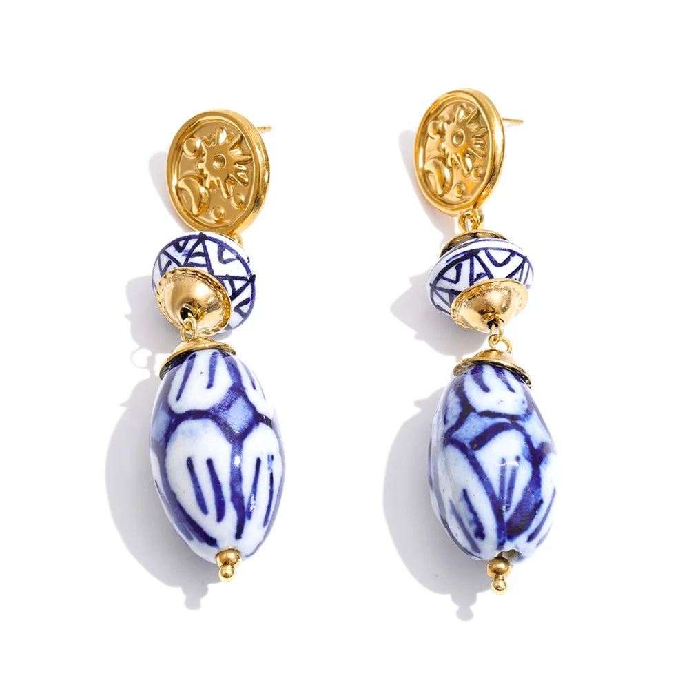 Azure Vintage — Stainless Steel Blue Ceramic Drop Earrings