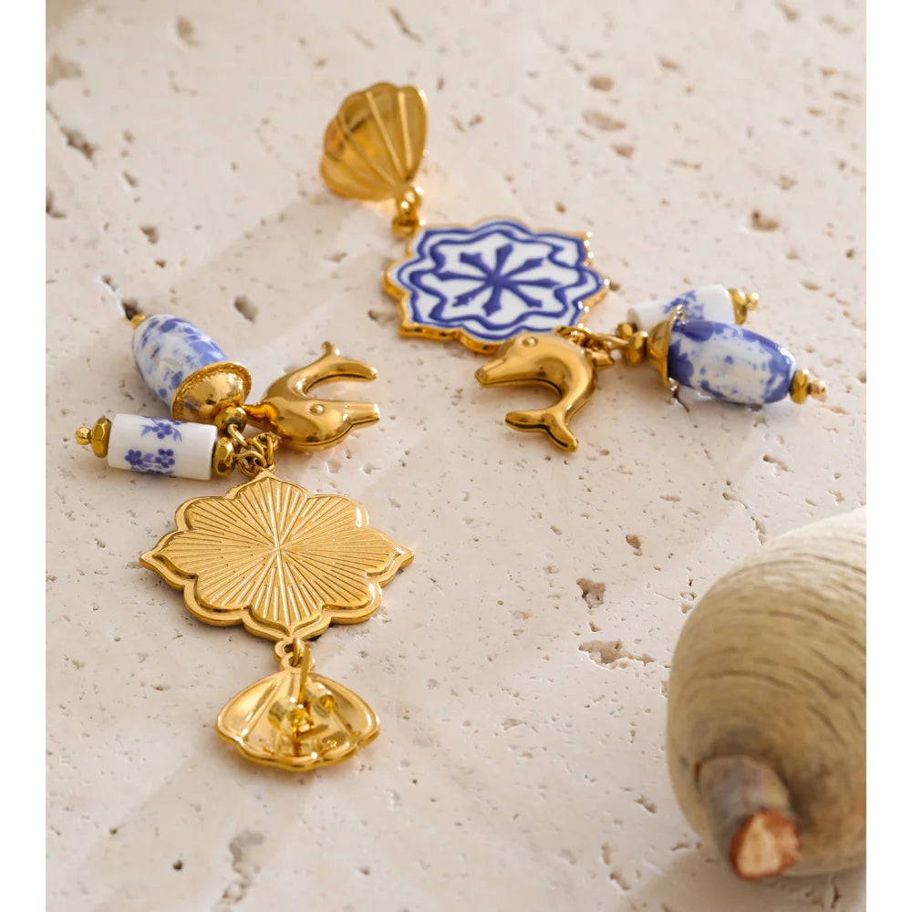 Ocean Drop — Stainless Steel Blue Enamel Shell & Dolphin Charm Earrings
