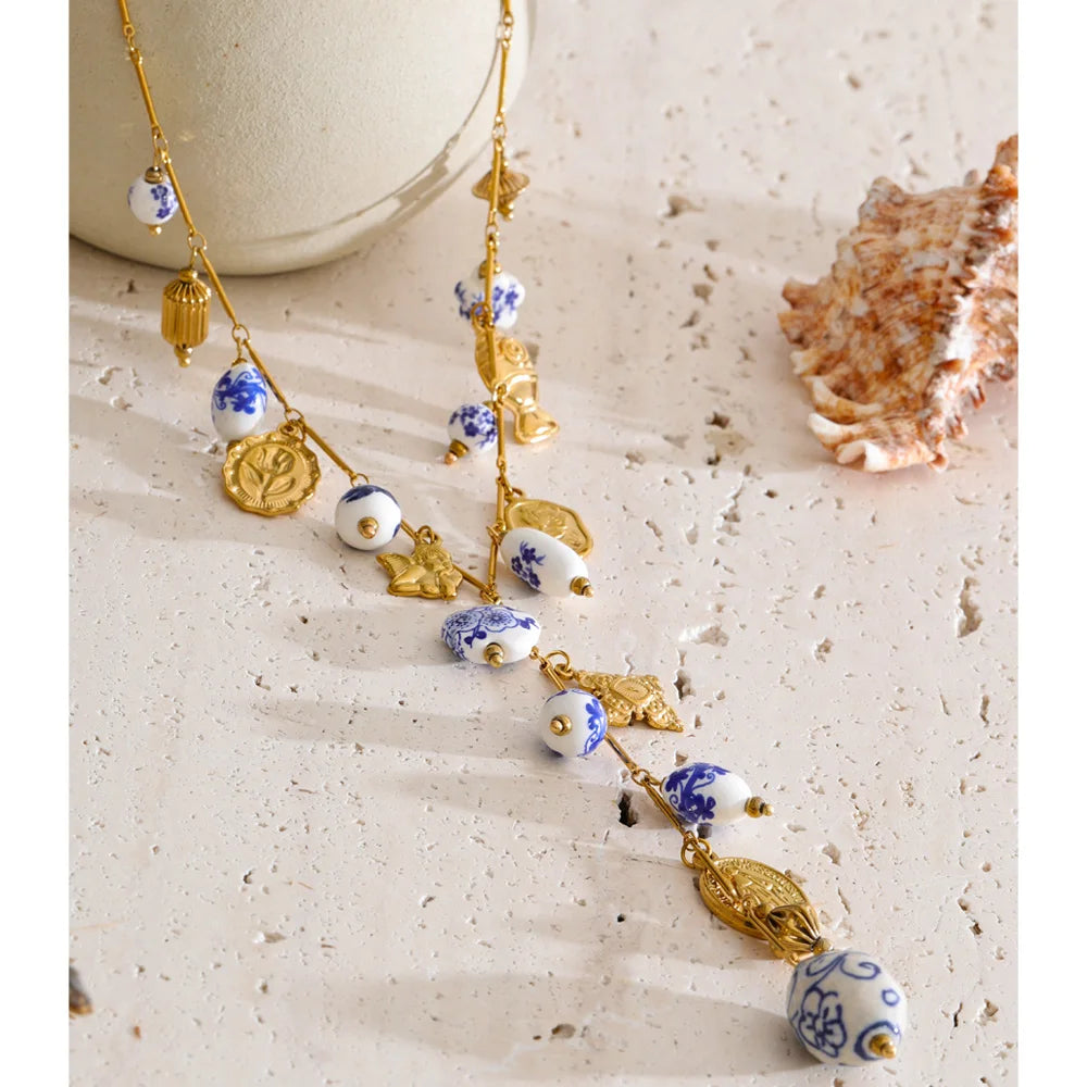 Bloom & Heart — Stainless Steel Ceramic Flower & Heart Drop Long Necklace