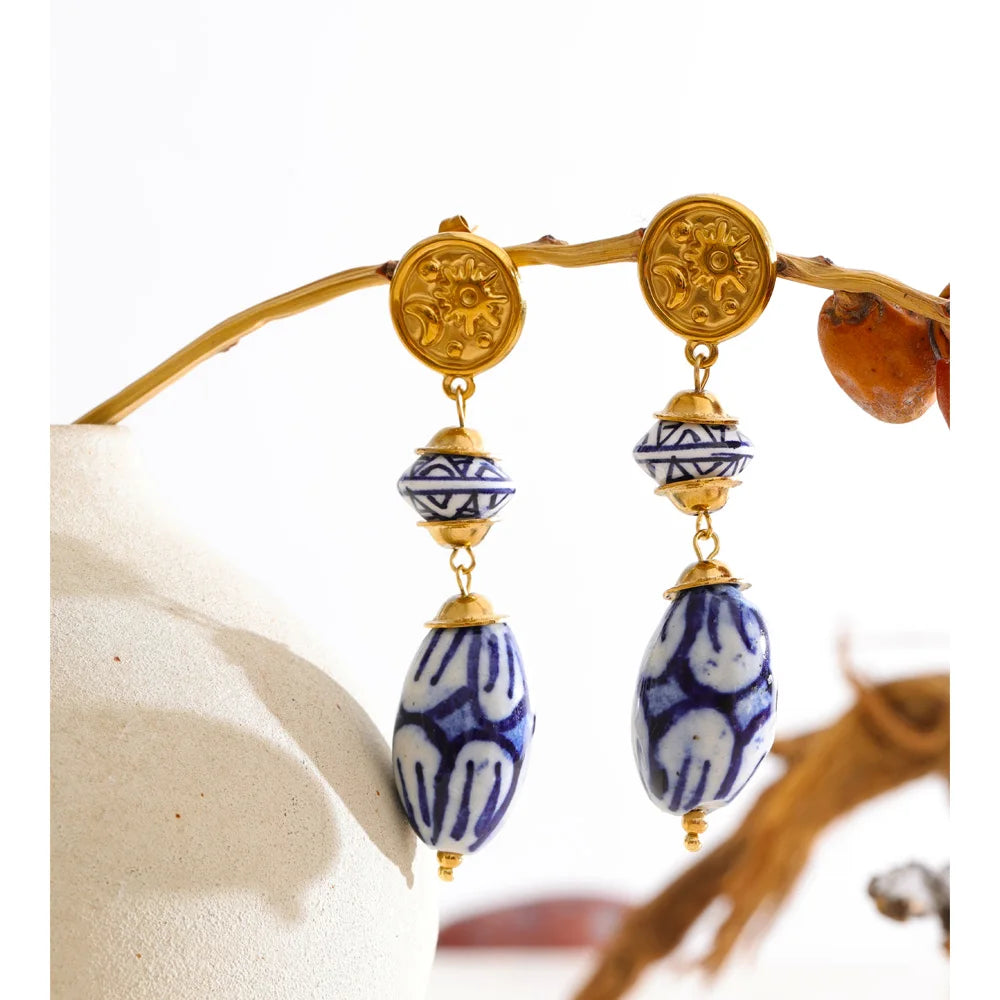 Azure Vintage — Stainless Steel Blue Ceramic Drop Earrings
