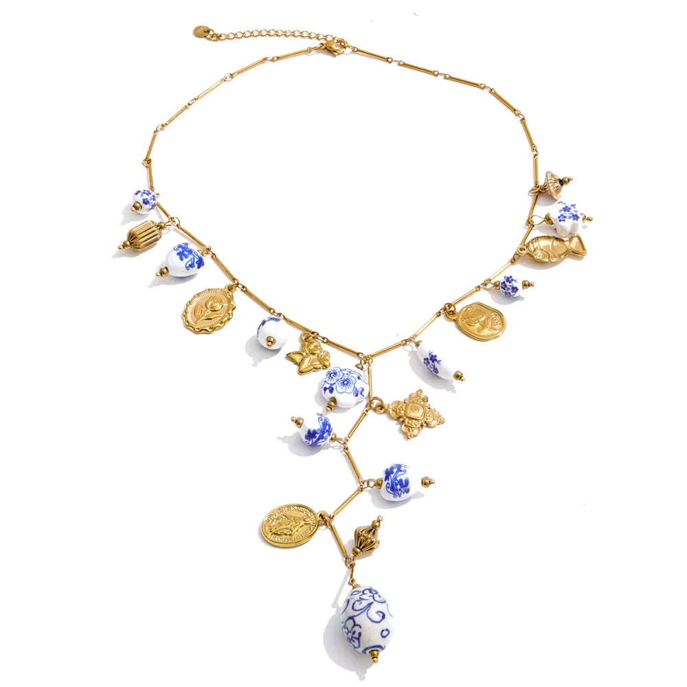 Bloom & Heart — Stainless Steel Ceramic Flower & Heart Drop Long Necklace