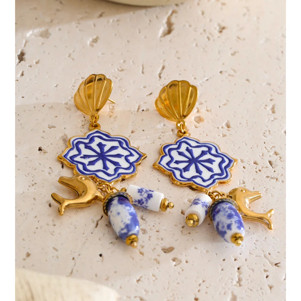 Ocean Drop — Stainless Steel Blue Enamel Shell & Dolphin Charm Earrings